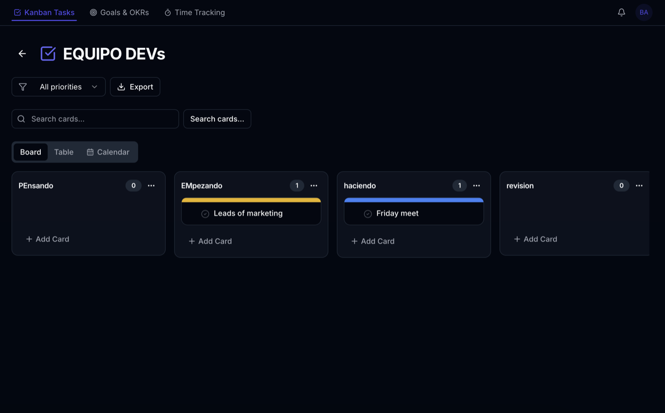 Módulo Tasks BAI Business — kanban, goals & OKRs y time tracking del equipo